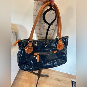 Cavalcanti navy patent leather and brown leather trim shoulder bag